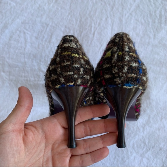 Vintage Richard Tyler Tweed Wool Brown Plaid Tartan Velvet Bow Ribbon Heels Y2K - Picture 6 of 9